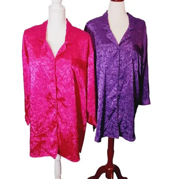 VTG Lucie Ann II Hot‎ Pink Satin Longsleeve Button-Up Collared Nightshirt Size M - Picture 10 of 10